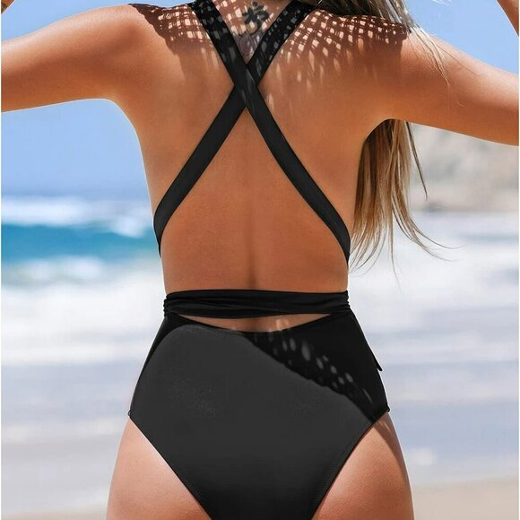 CUPSHE BLACK HALTER WRAP TIE PLUNGE V-NECK ONE PIECE SWIMSUIT SIZE SMALL NWT - Picture 2 of 7
